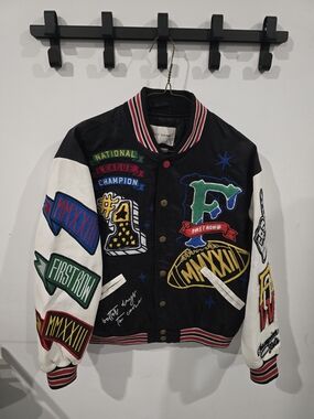 First Row Men's Black & White Embroidered Varsity Jacket